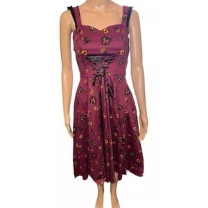 Hearts & Roses London Dress Halloween Burgundy Vintage Cat Lace Up Goth‎ Witchy